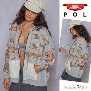 POL Zip Up Closure Floral & Lace Patch Oversize Light Washed Hooded Denim Jacket